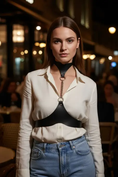 Siyah Kadın Kemer Zincir Detaylı Yüksek Yaka Korse - APFT1265 - 3