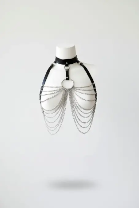 Siyah Kadın Kemer Zincirli O-Halkalı Deri Vücut Bağlantısı - APFT463 - 1