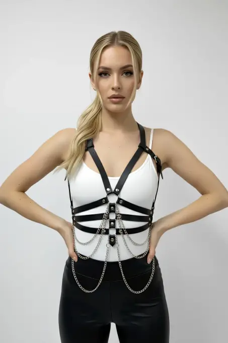 Siyah Kadın Kemer Zincirli Vücut Bağlantılı Aksesuar - APFT9 - 6