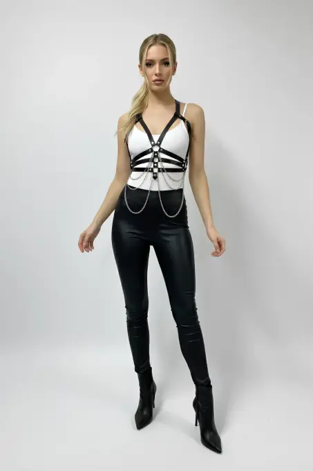 Siyah Kadın Kemer Zincirli Vücut Bağlantılı Aksesuar - APFT9 - 7