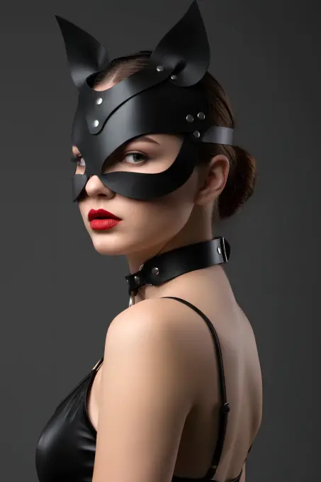 Siyah Maske Deri Kedi Kulaklı Kostüm - APFT789 - 3