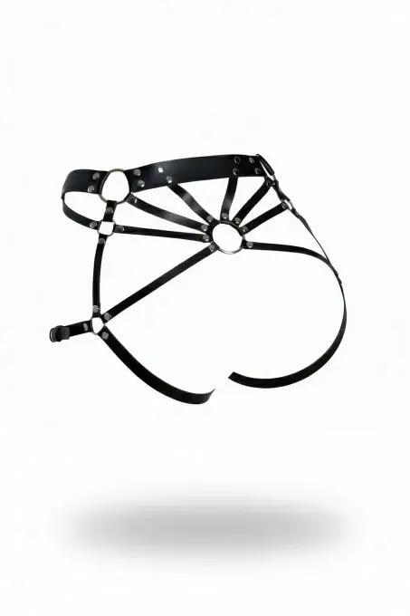 Siyah Tanga - Külot Deri Bantlı Halka Detaylı Kalça Aksesuarı - APFT1048 - 1