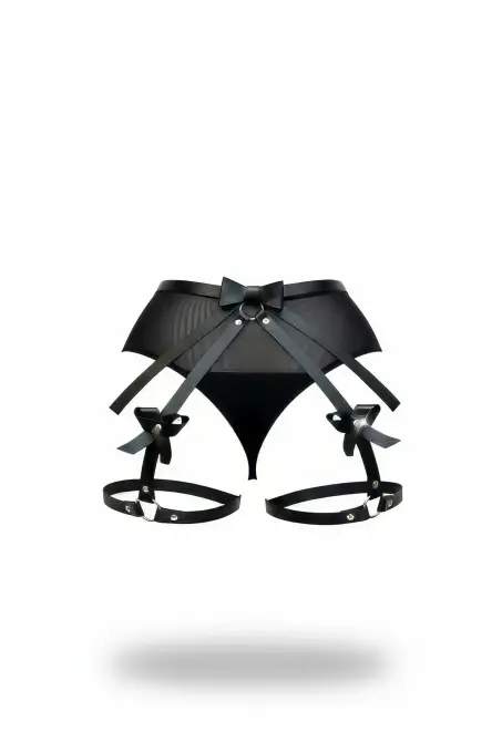 Siyah Tanga - Külot Tül Detaylı Yüksek Bel Jartiyerli - APFT968 - 1