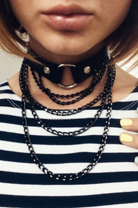 Siyah Zincir Detaylı Deri Choker - APFT664 - 1