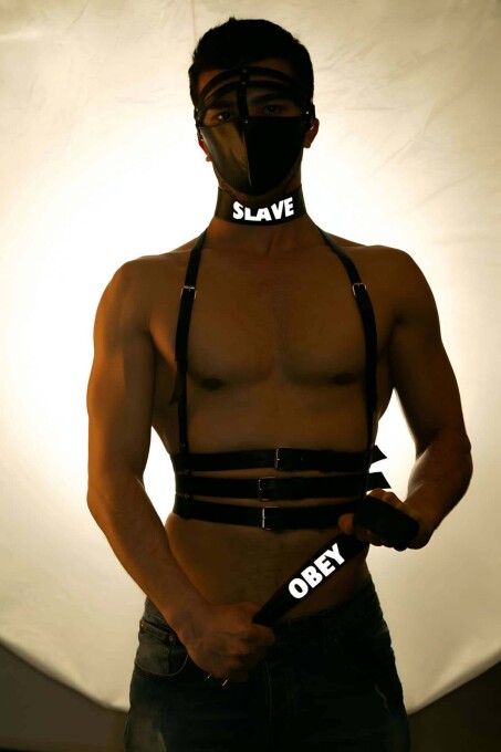 SLAVE ve OBEY Baskılı Reflektörlü Deri Choker - 1