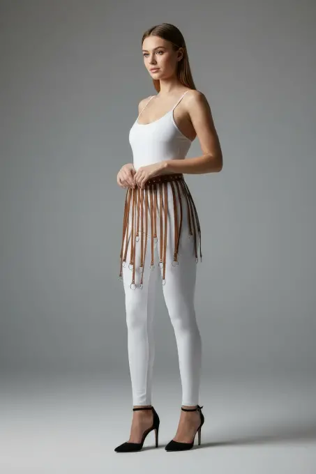 Taba Etek Deri Şeritli Halka Detaylı Etek Mini Etek - APFT579 - Angels Passion (1)