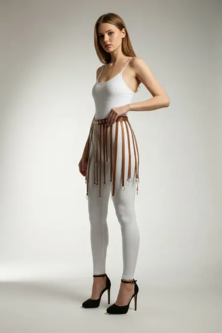 Taba Etek Deri Şeritli Halka Detaylı Etek Mini Etek - APFT579 - 3