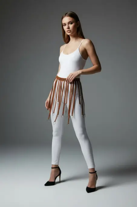 Taba Etek Deri Şeritli Halka Detaylı Etek Mini Etek - APFT579 - 4