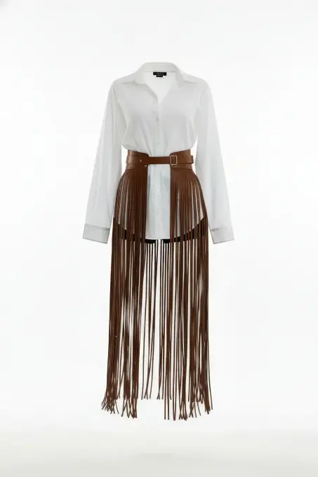 Taba Etek Uzun Püsküllü Suni Deri Etek - APFT1003 - 1