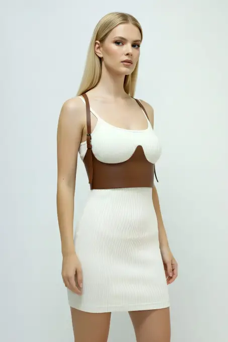 Taba Kadın Kemer Korse Kesimli Omuz Detaylı Suni Deri - APFT614 - 1