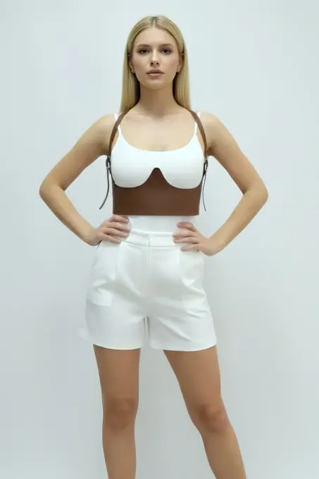 Taba Kadın Kemer Korse Kesimli Omuz Detaylı Suni Deri - APFT614 - 4