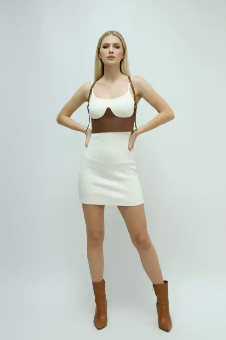 Taba Kadın Kemer Korse Kesimli Omuz Detaylı Suni Deri - APFT614 - 6