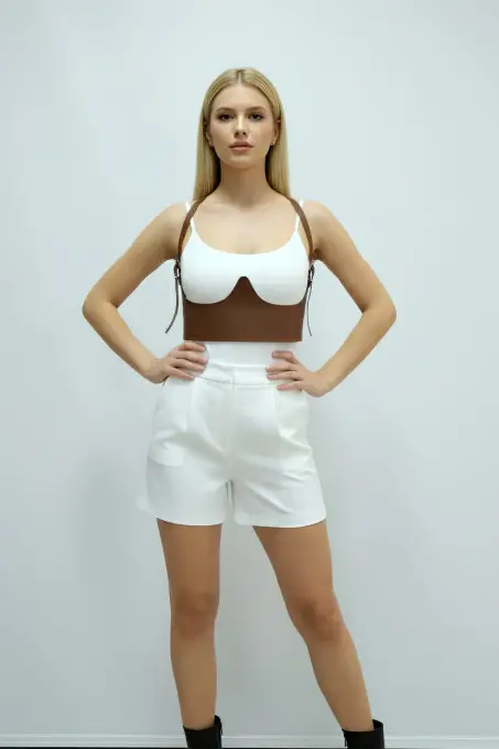 Taba Kadın Kemer Korse Kesimli Omuz Detaylı Suni Deri - APFT614 - 7