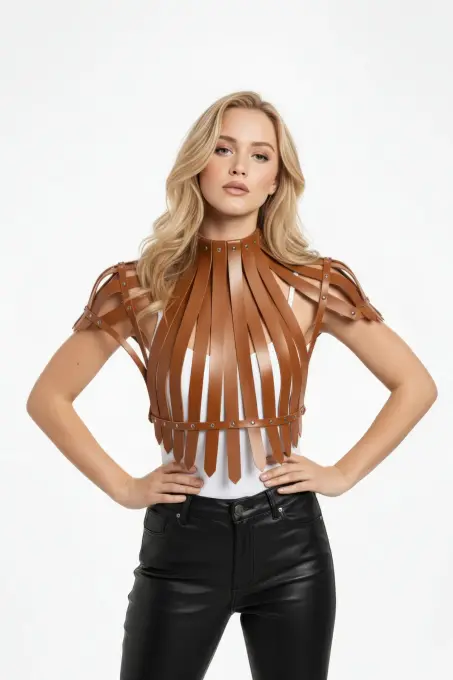 Taba Kadın Kemer Zımba Detaylı Deri Korse Yelek - APFT1257 - 1