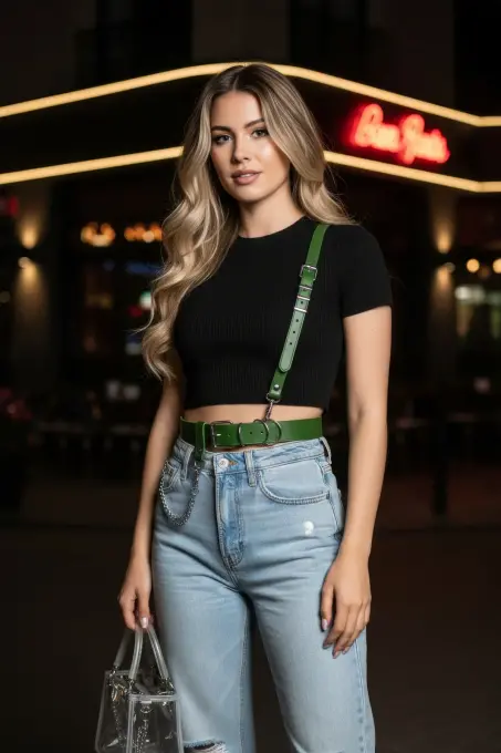 Yeşil Kadın Kemer Deri Zincir Detaylı Vücut Kemer - APFT620 - 2