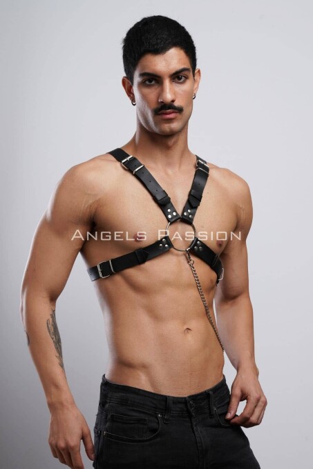 Zincir Detaylı Deri Erkek Göğüs Harness, Partywear, Clubwear - APFTM95 - 5