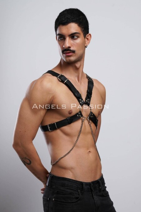 Zincir Detaylı Deri Erkek Göğüs Harness, Partywear, Clubwear - APFTM95 - 6