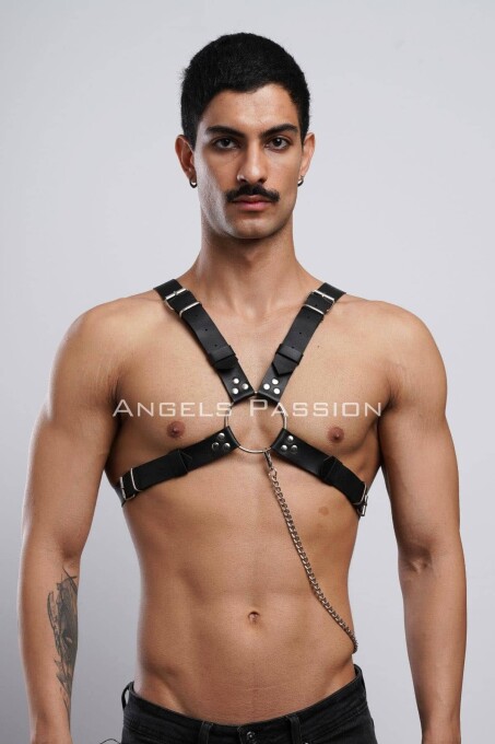 Zincir Detaylı Deri Erkek Göğüs Harness, Partywear, Clubwear - APFTM95 - 1