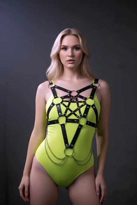 Zincir Detaylı Şık Deri Göğüs Harness, Büstiyer Harness, Deri Göğüs Harness- APFT1399 - 1