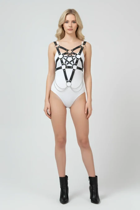 Zincir Detaylı Şık Deri Göğüs Harness, Büstiyer Harness, Deri Göğüs Harness- APFT1399 - 4