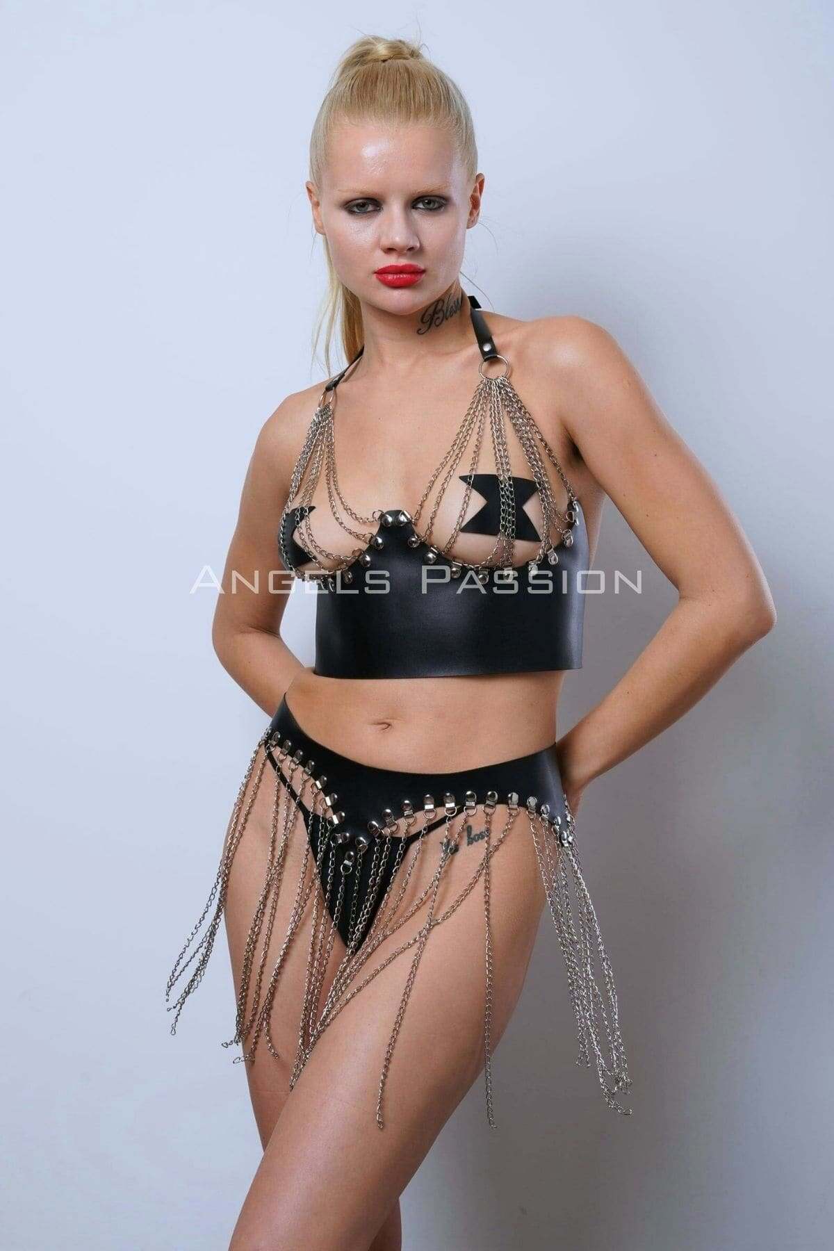 Zincirli Büstiyer Etek Takım, Şık Deri Etek Ve Büstiyer - 994