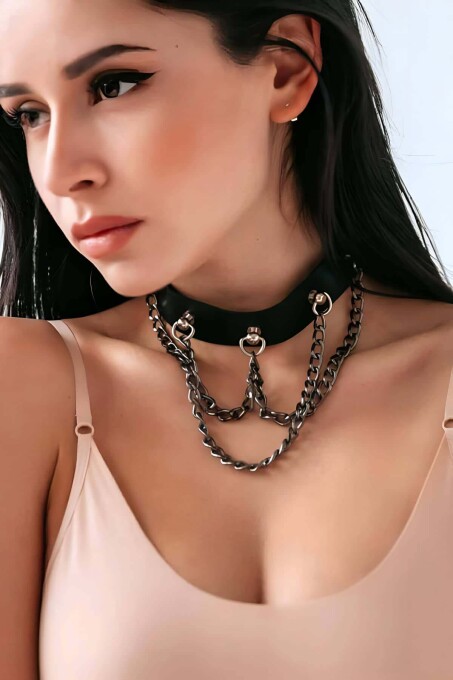 Zincirli Choker, Zincirli Deri Kolye, Tasma Harness - APFT1071 - 1