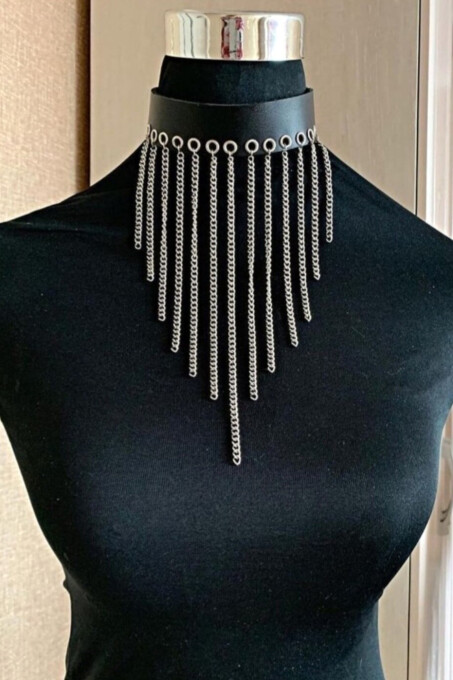 Zincirli Deri Choker, Şık Deri Tasma - APFT629 - 1