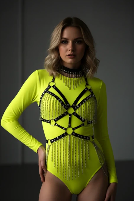 Zincirli Deri Harness, Deri Dansçı Kostüm, Choker Detaylı Deri Harness - APFT1397 - 1