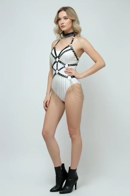 Zincirli Deri Harness, Deri Dansçı Kostüm, Choker Detaylı Deri Harness - APFT1397 - 5