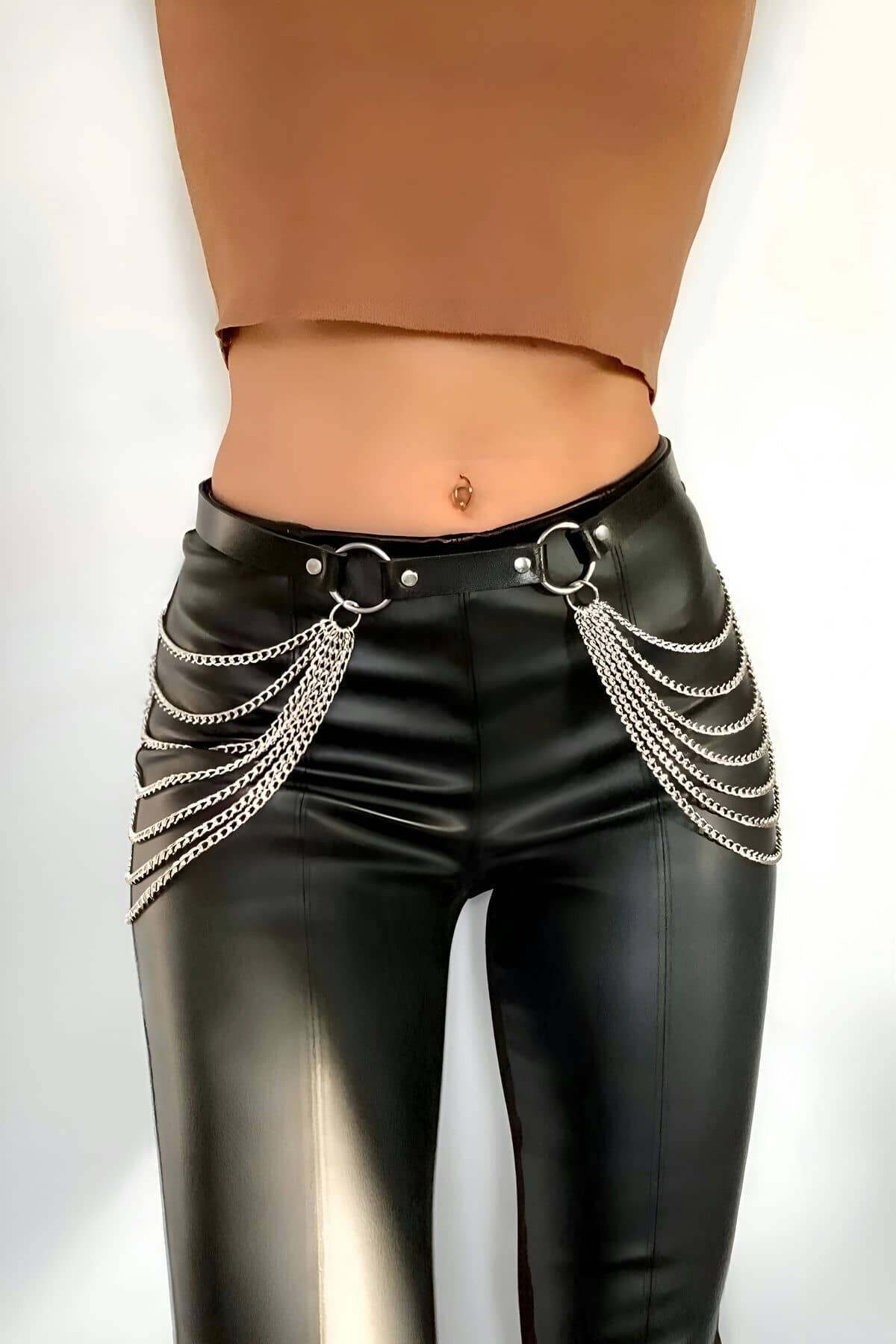 Chain Black Leather Belt , Chain Waist Plug - APFT391